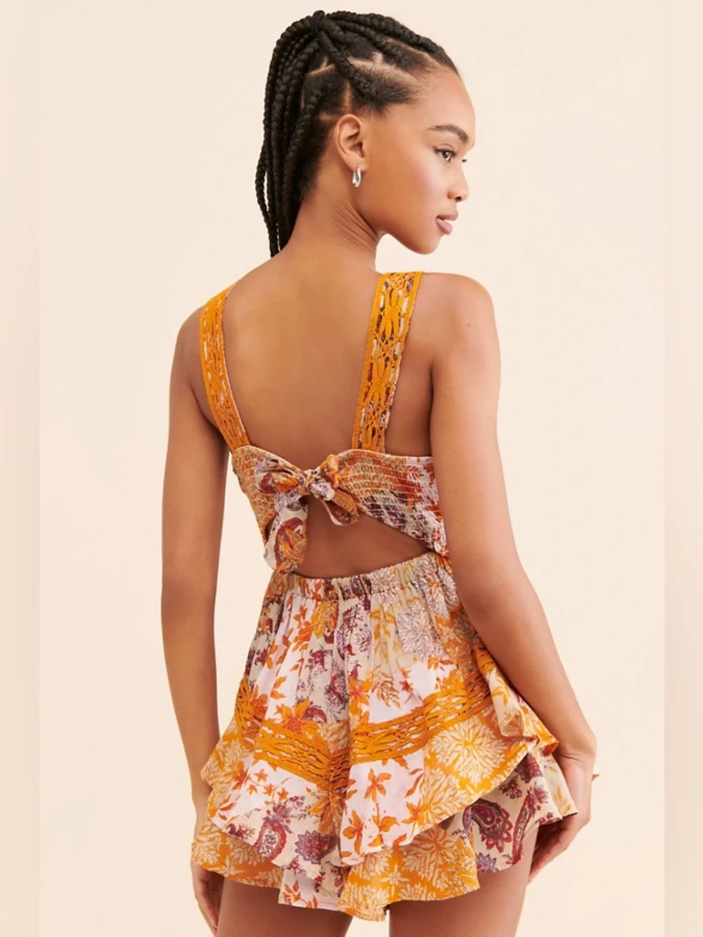 Free People Bali Oletta Romper Lace Ruffle Paisley Tie Back Large Orange purple